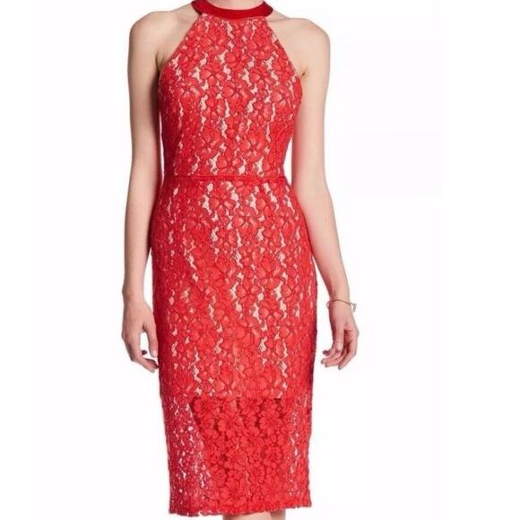 Abs collections Sz 2 red floral lace midi dress RED FLAME/NUDE - Picture 2 of 2